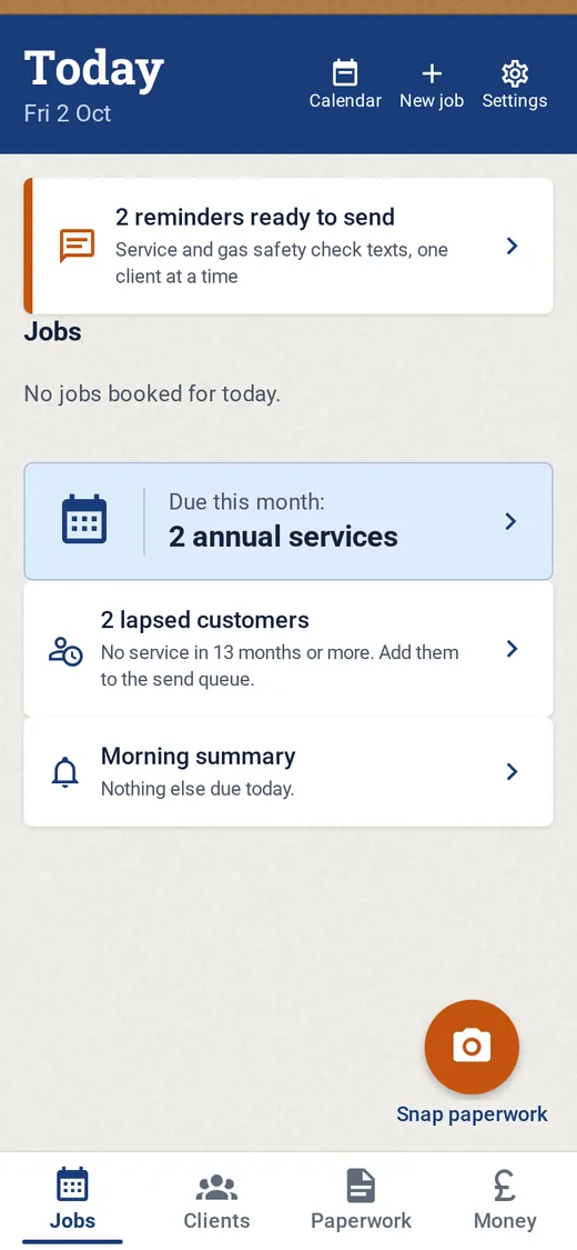 The VanOffice Today screen: two reminders ready to send, two services due this month and two lapsed customers.